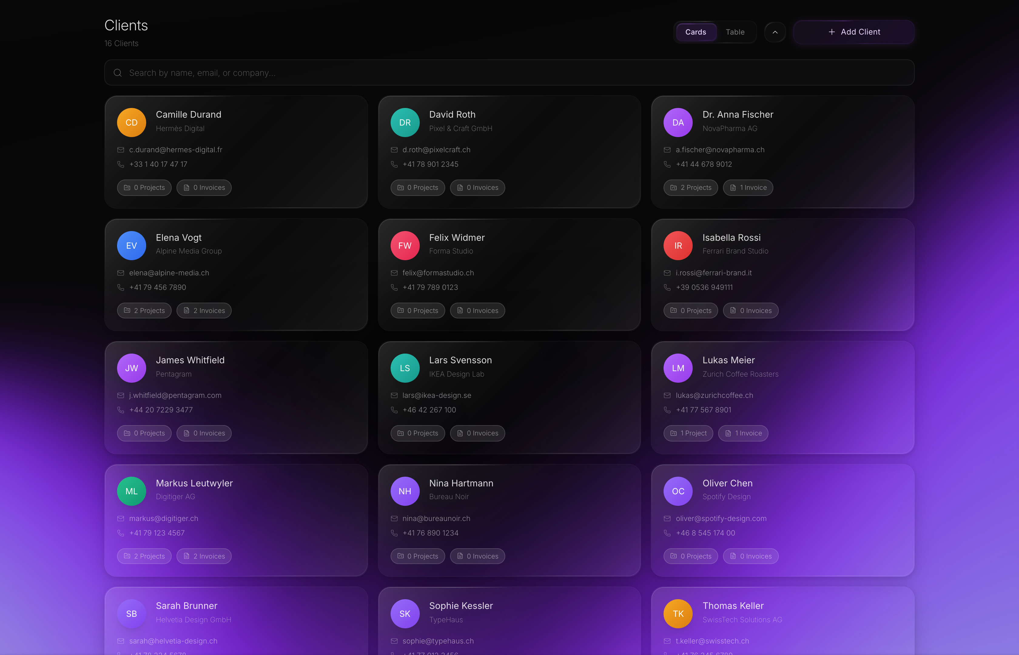 KREA client management grid showing multiple client cards with contact details, project counts, and company info