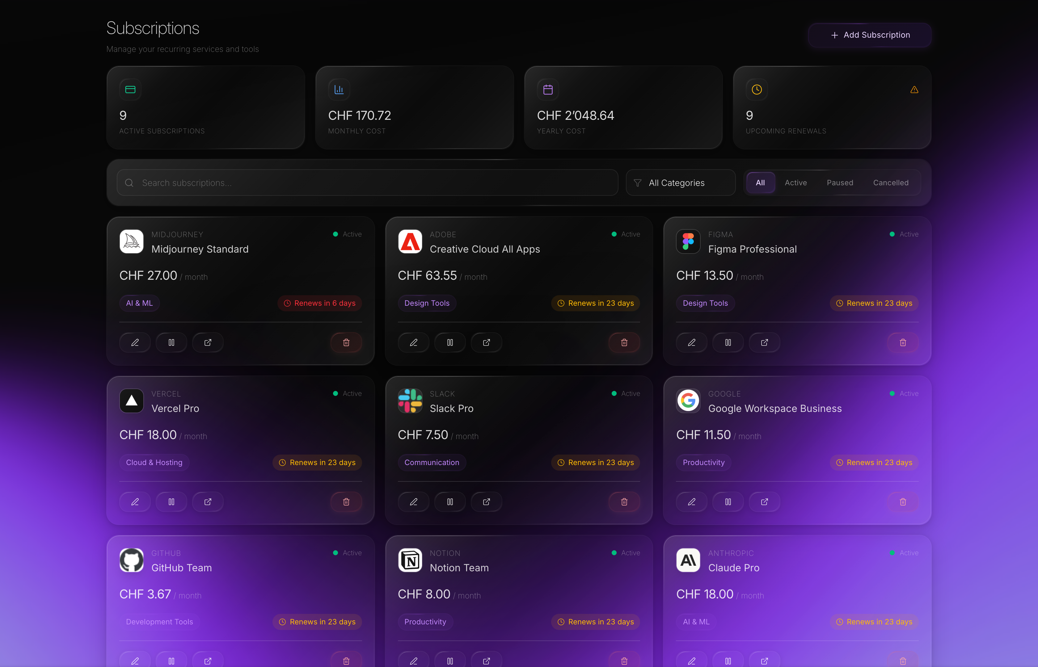 KREA subscription management showing provider cards with logos, billing cycles, costs, and renewal dates